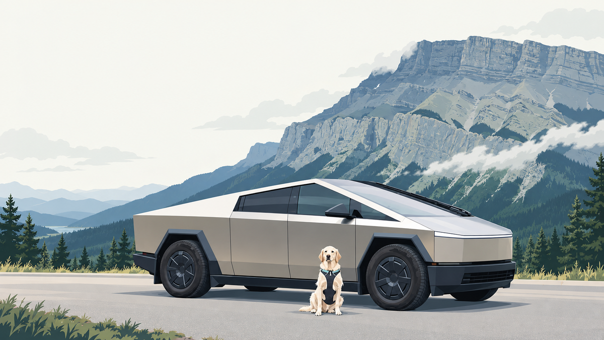 山々を背景に、Cybertruckの前に座るSodaのイラスト